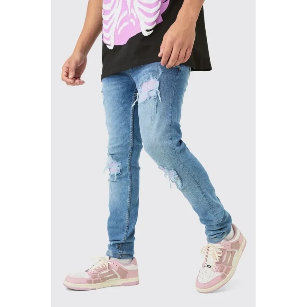 boohooMAN Skinny Stretch Men's Size 32R Lilac PU Biker Rip & Repair Jeans NWT